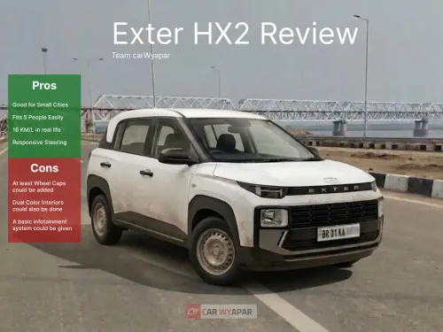 White Hyundai Exter HX2 parked on a paved road for a review.